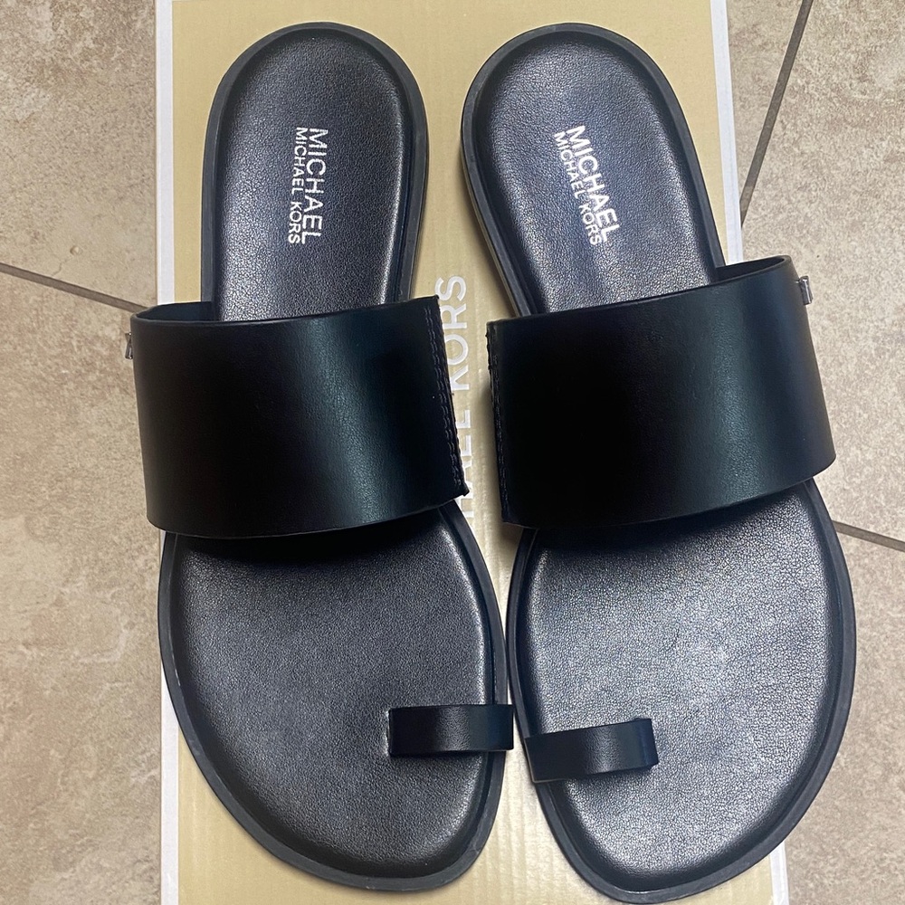 Michael Kors Black Leather Slide Sandals